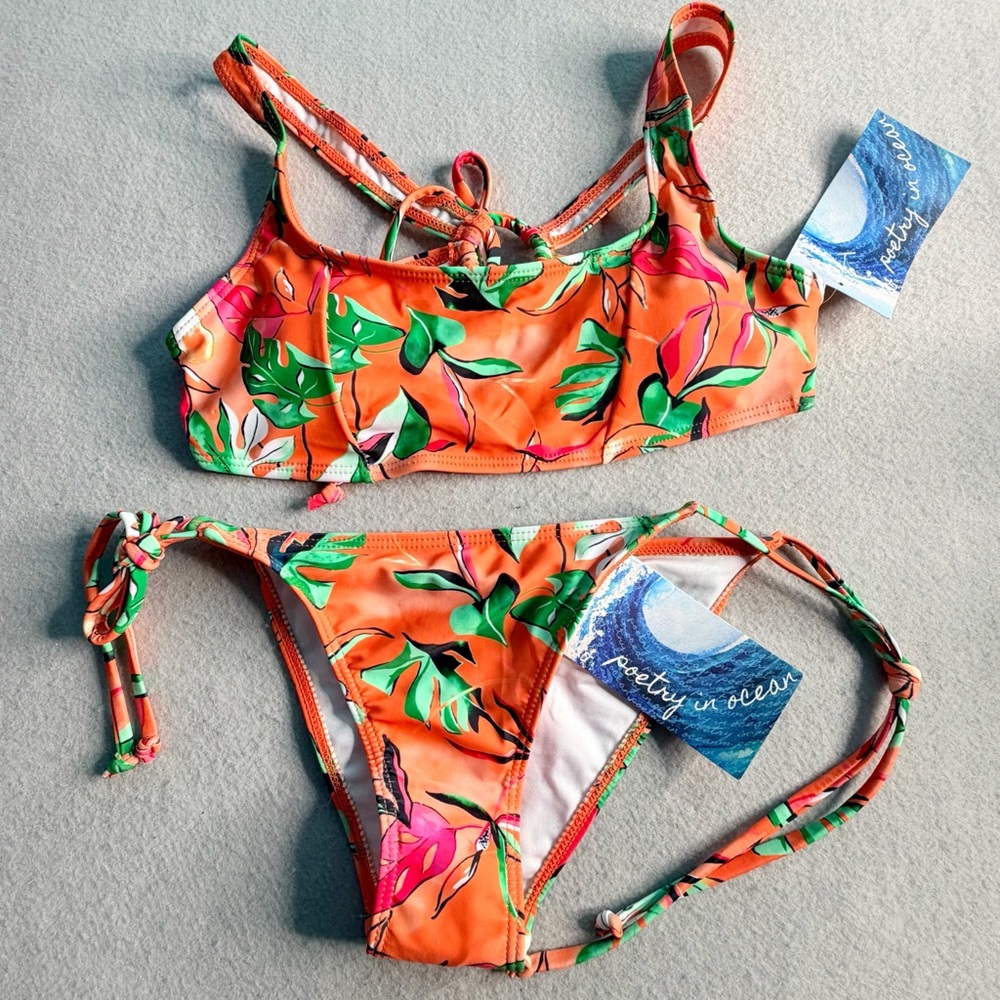 New Poetry In Ocean Small Orange Floral Two Piece Bathing Suit Bikini Swimsuit